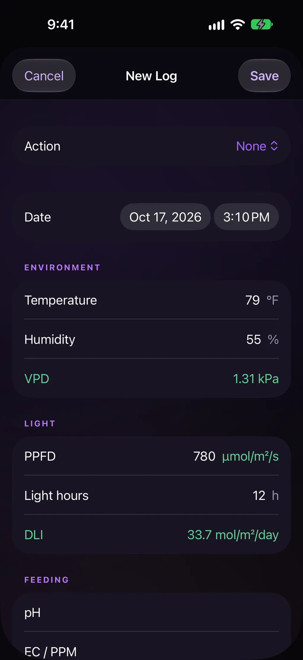 Writing a new log entry for a flowering plant: 79 °F and 55% humidity give a VPD of 1.31 kPa, and a PPFD of 780 over 12 light hours gives a DLI of 33.7 mol/m²/day, all three in green against the stage's targets, above the feeding fields.