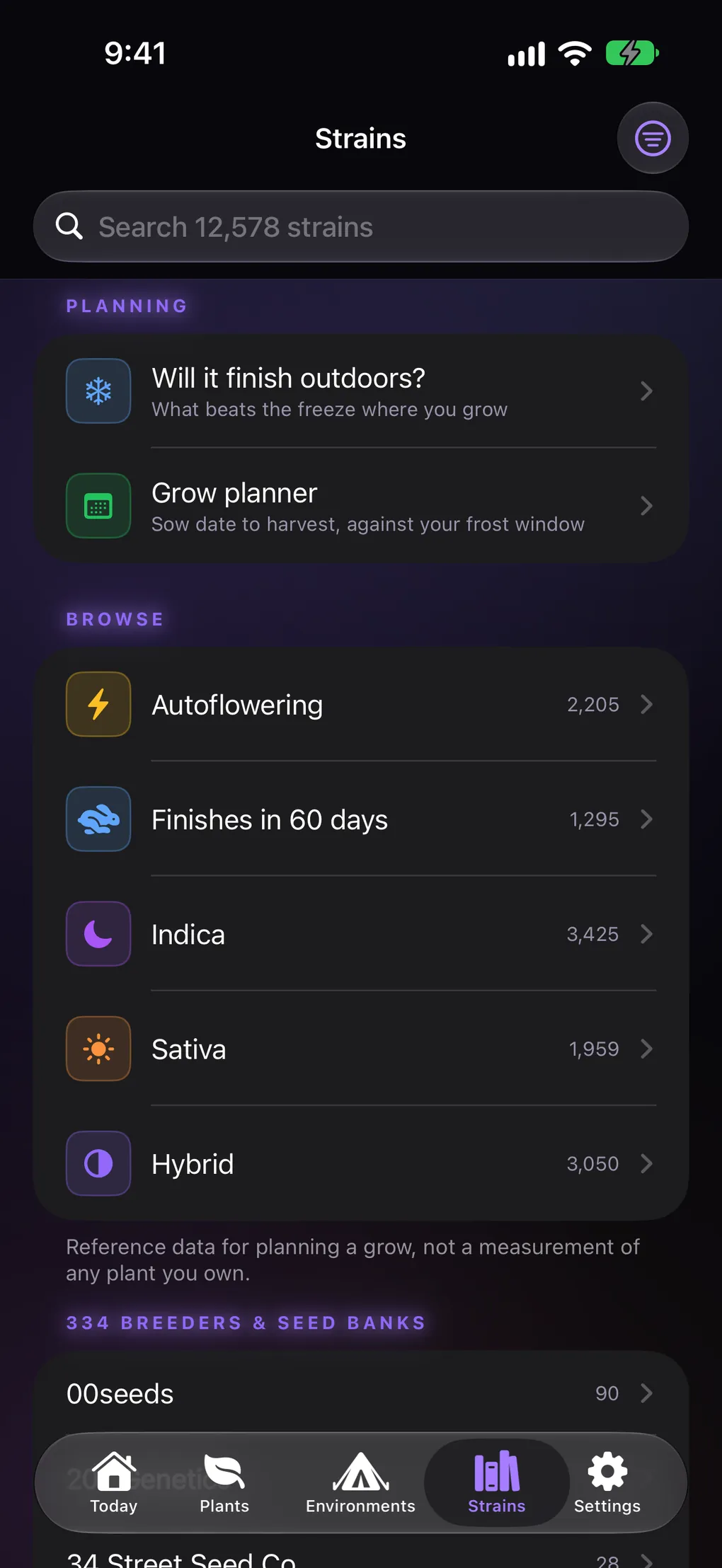 The variety browser: a search field over the whole catalogue, the outdoor planning tools, and shortcuts for autoflowering, fast finishers, indica, sativa and hybrid.